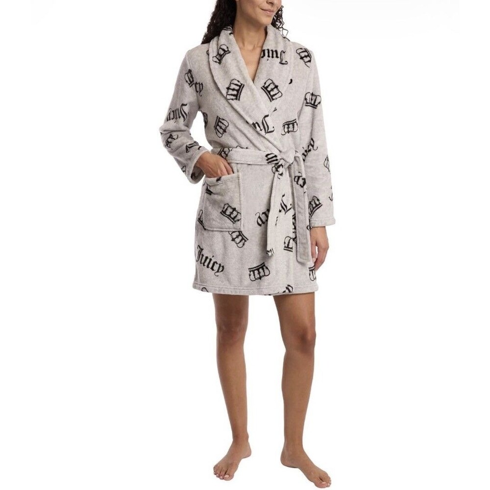 Juicy Couture Gray Bath Robe Womens L/XL Crown Logo Allover Print Loungewear